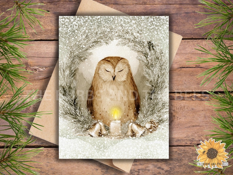 Watercolor Owl Christmas Card Set: Snowy Wreath Holiday Notecards - Etsy