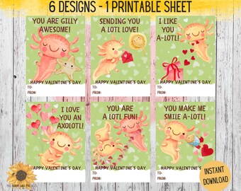 Cartes de Saint-Valentin imprimables avec axolotl pour enfants (Téléchargement numérique)