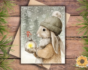 Winter Rabbit Christmas Card Set: Watercolor Woodland Animals