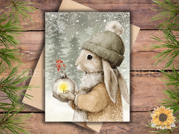Winter Rabbit Christmas Card Set: Watercolor Woodland Animals