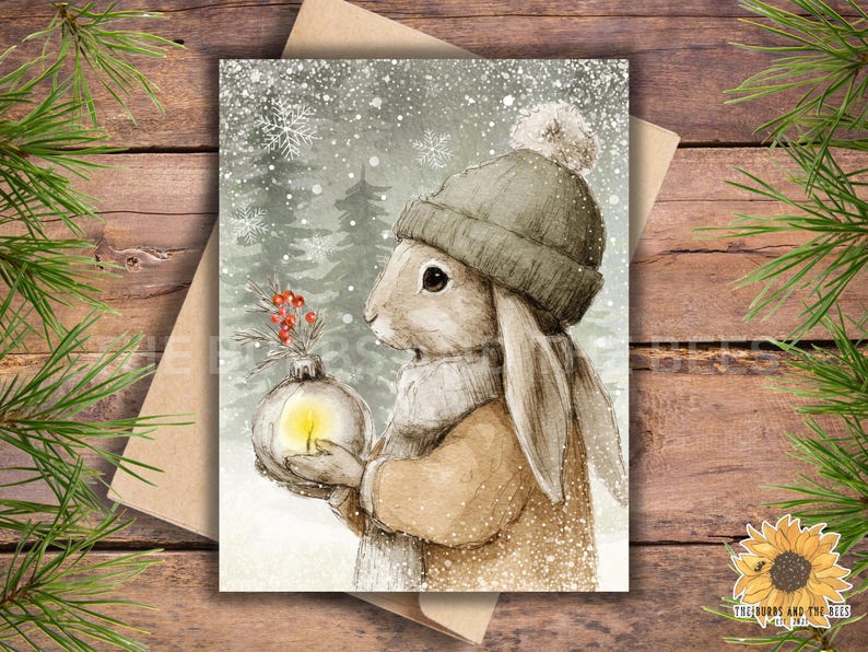 May include: A greeting card featuring a watercolor illustration of a rabbit wearing a green knit hat and scarf, holding a glowing glass ornament topped with red berries. The background depicts a snowy forest scene with pine trees and falling snowflakes.