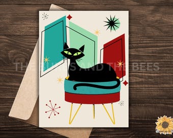 Atomic Cat Greeting Cards: Mid-Century Modern Blank Notecards