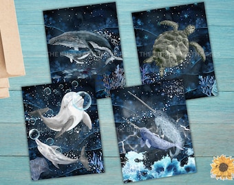 Ocean Animals Watercolor Notecard Set: Whale, Turtle, Dolphin, Narwhal