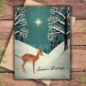 Cartão de Natal estilo retrô com cervo bebê, cartões de Natal inspirados no vintage com animais da floresta, cartão de notas kitsch com saudações da estação, feito à mão