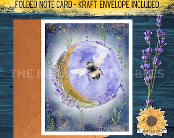 Watercolor Bee & Moon Note Card: Fantasy Cottagecore Greeting Card