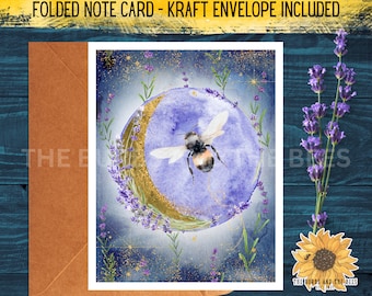 Bee & Moon Art Note Card, Bumblebee Stationary, Fantasy Art Blank Card, Cottagecore Greeting Card, Watercolor Wildflowers, Single Card/Set