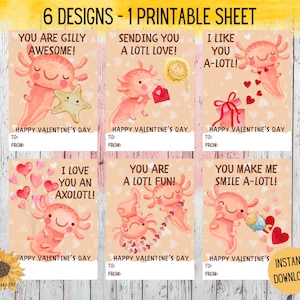 Axolotl Valentine Cards for Kids, Printable Classroom Cards, Cute Valentines, Kids Valentine Cards, DIY Valentine Cards, Digital Download