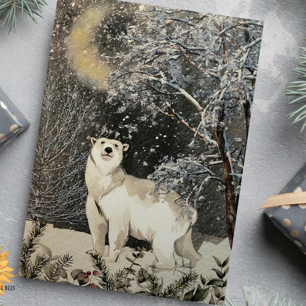 Polar Bear Christmas Card, Holiday Card, Cute Bear Card, Watercolor Card, For Bear Lovers, 5x7 Individual Card or Set