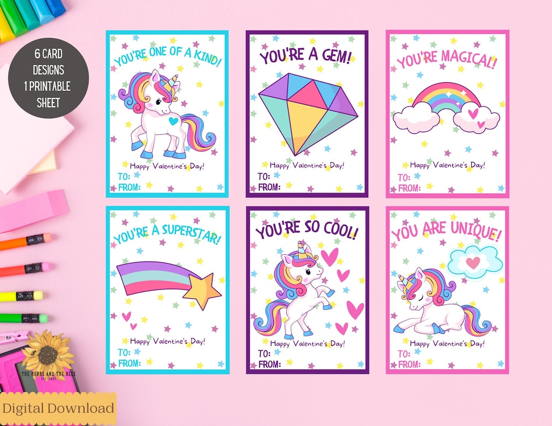 Unicorn Valentines Day Cards, Printable Unicorn Cards, Kids Valentine ...