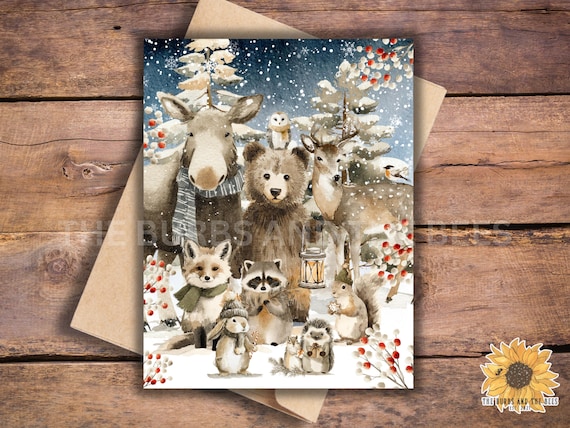 Watercolor Woodland Animal Christmas Card Set: Winter Holiday Note Cards