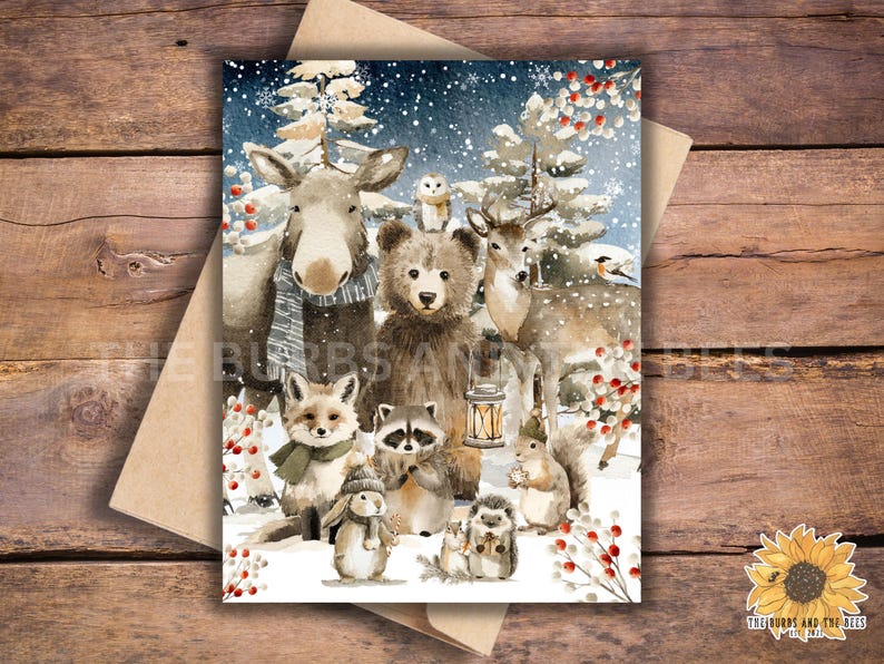 May include: A watercolour illustration of woodland animals in a snowy winter scene. The image features a moose, bear, deer, fox, raccoon, squirrel, owl, and hedgehog. The animals are surrounded by snow-covered trees and berries.