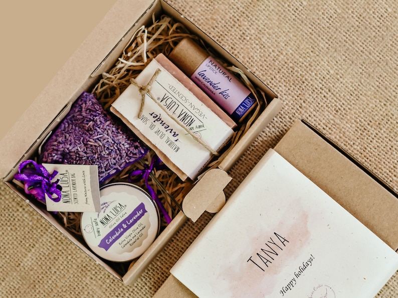 Personalized Lavender Gift Box I 100% Natural by Nona Luisa I Natural Soap, Salve, Lip Balm, Lavender Sachet, Gratitude Box, Birthday image 1