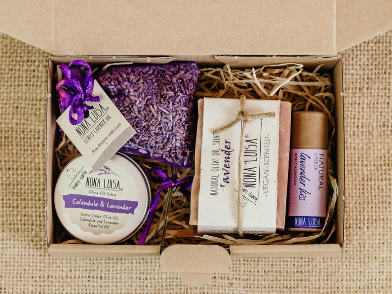 Personalized Lavender Gift Box I 100% Natural by Nona Luisa I Natural Soap, Salve, Lip Balm, Lavender Sachet, Gratitude Box, Birthday image 2