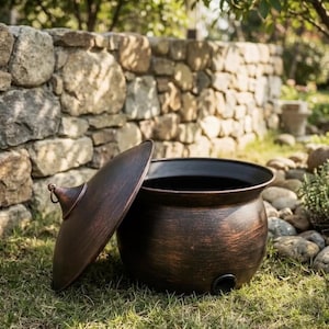 May include: A round, dark bronze-colored metal cauldron with a matching conical lid featuring a small ring handle at the top. The cauldron has a wide, open mouth and a small circular opening near the base, showcasing a weathered, textured finish.