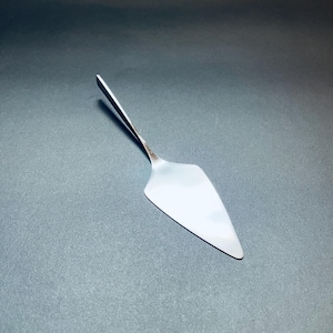 May include: A stainless steel pie server with a long, slender handle and a wide, triangular blade. The server is highly polished, reflecting the light, and is designed for serving cakes and pies. The handle is approximately 8 inches long.
