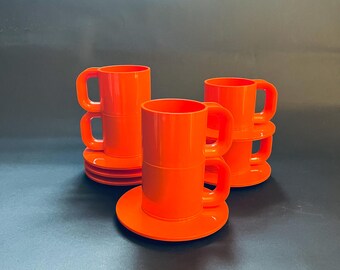 Set (6) Heller Max 2 Coffee Cup + Saucer Sets Massimo Vignelli Orange Melamine, 1970s