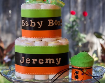Halloween Diaper Cake | Green Orange Diaper Cake | Small 2 Tier Diaper Cake | Halloween Baby | Halloween Baby Shower | Diaper Cake