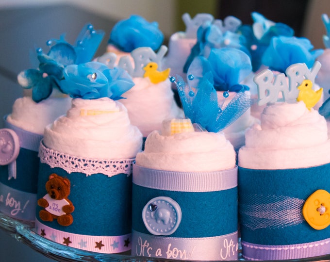 Mini Diaper Cupcakes - Baby Boy Diaper Cupcakes - Baby Boy Shower Favors - Mini Diaper Cakes - It's a Boy - Baby Shower - Diaper Cake Boy