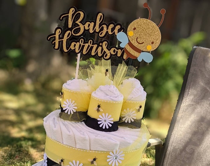 Featured listing image: Bumble Bee Diaper Cake - Bee Diaper Cake - Black and Yellow Bee Diaper Cake - Bumble Bee Baby Shower - Baby Shower Cake - Bee Cake