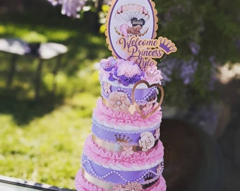 Adorable Princess Diaper Cake Rose Gold and Violet or Pink and Gold - Handmade Boutique Creation