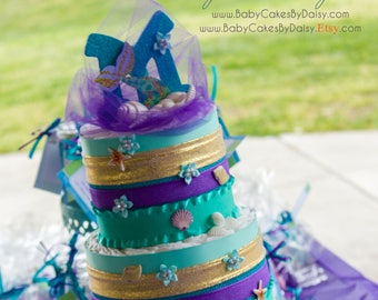 Mermaid Diaper Cake - Mermaid Baby Shower Cake - Mermaid Baby Shower - Teal Purple Diaper Cake - Mermaid Theme Cake - Pampers Cake - Mermaid