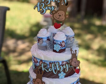 Monkey Baby Shower - Diaper Cake - Monkey Boy Diaper Cake - Blue and Brown Monkey Diaper Cake - It's a Boy