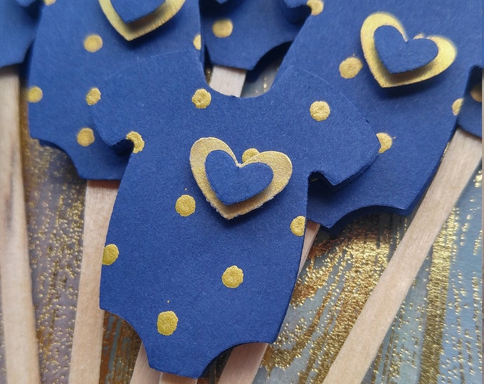 Cupcake Toppers - Baby Shower Cupcake Toppers - Gold Polka Dot Cupcake Toppers - Baby Shower Decor - Navy Blue, Mint, Gold