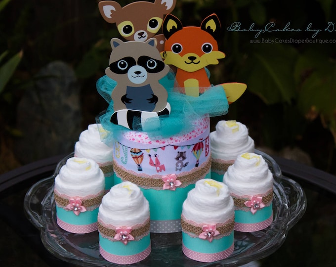 Woodland Friends Baby Shower - Diaper Cake Centerpiece - Baby Shower Centerpiece - Teal and Pink Baby Shower - Little Critters Baby Shower