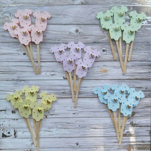 Pastel Baby Shower Cupcake Toppers: Gold Polka Dot Onesie Decorations