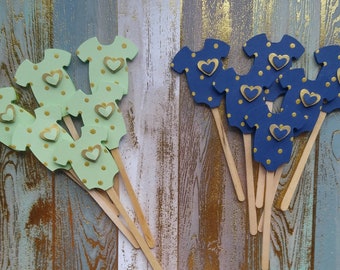 Navy Blue & Mint Cupcake Toppers - Baby Shower Cupcake Toppers - Gold Polka Dot Cupcake Toppers - Baby Shower Decor - Gender Reveal