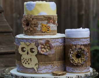 Burlap Diaper Cake - Baby Shower Decor - Flannel Blanket Cake - Fall Baby Shower - Rustic Owl Baby Shower - Autumn Baby Shower