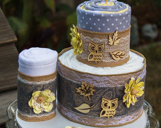Burlap Owl Baby Shower Decor - Flannel Blanket Cake - Fall Theme Baby Shower - Rustic Owl Baby Shower - Autumn Baby Shower