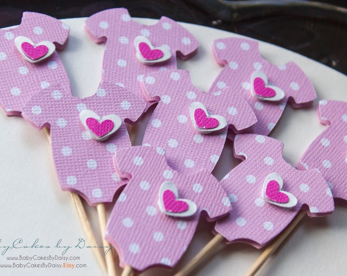 Pink Baby Shower Cupcake Toppers - Onesie Cupcake Toppers - Baby Girl - Its a Girl - Pink Polka Dot - Pink Onesie with Layered Heart