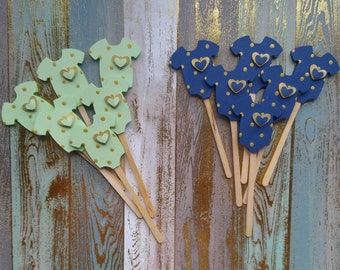 Navy Blue & Mint Cupcake Toppers - Baby Shower Cupcake Toppers - Gold Polka Dot Cupcake Toppers - Baby Shower Decor - Gender Reveal