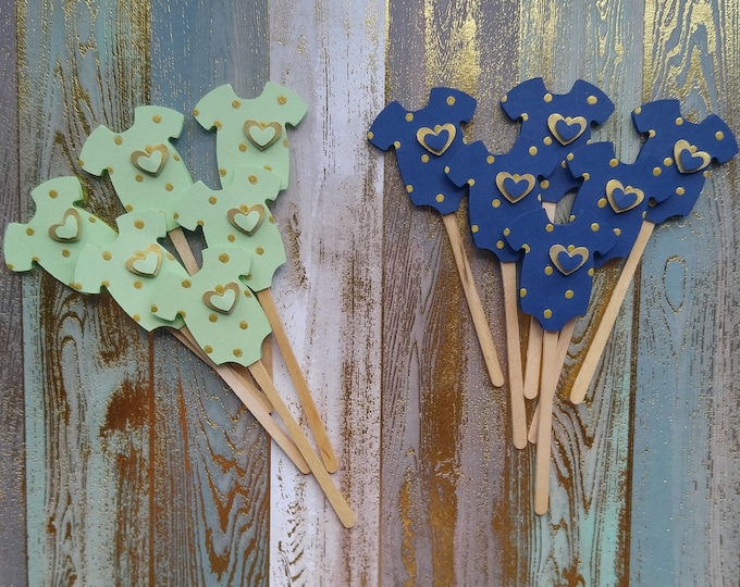 Cupcake Toppers - Baby Shower Cupcake Toppers - Gold Polka Dot Cupcake Toppers - Baby Shower Decor - Navy Blue, Mint, Gold