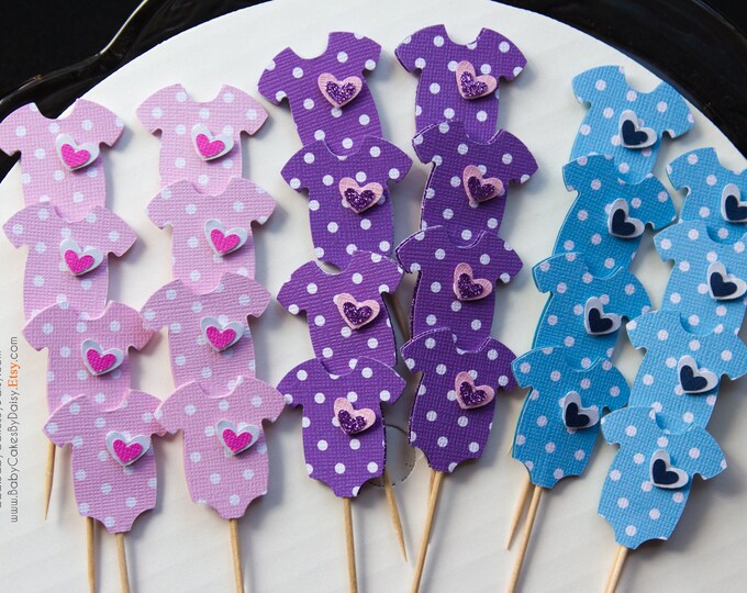 Baby Shower Cupcake Toppers - Pink Lavender Blue Polka Dot Cupcake Toppers - Cupcake Toppers - Baby Onesie - Onesie Cupcake Toppers