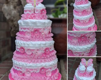 Butterfly Diaper Cake  - Baby Cake - Baby Shower Diaper Cake - It's a girl Diaper Cake - Pink Flowers Diaper Cake - Baby Shower Centerpiece