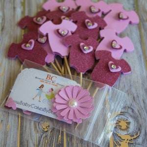 Pink Onesie Cupcake Toppers: Glitter Heart Baby Shower Decor