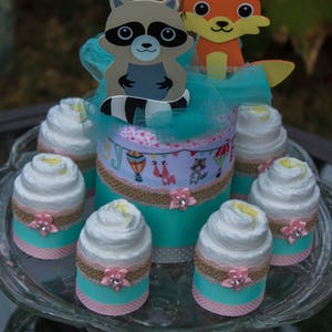 Woodland Friends Baby Shower Diaper Cake Centerpiece Baby Shower Centerpiece Teal and Pink Baby Shower Little Critters Baby Shower image 2