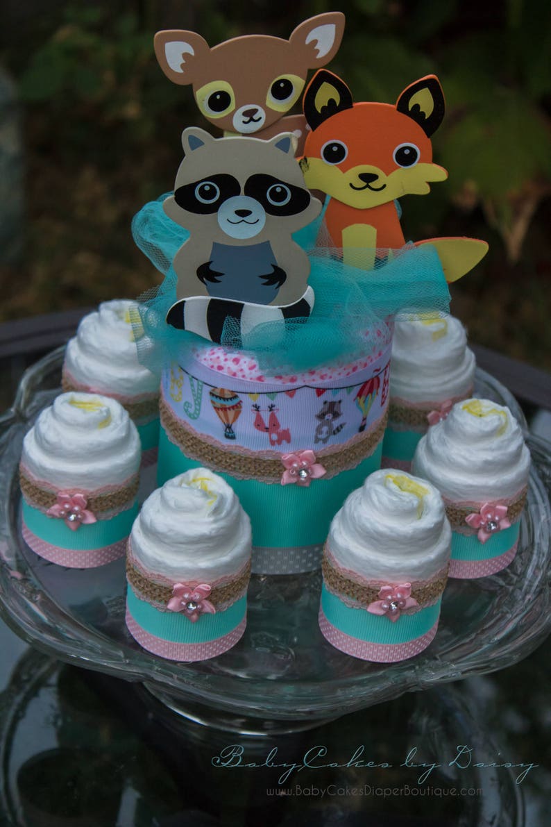 Woodland Friends Baby Shower Diaper Cake Centerpiece Baby Shower Centerpiece Teal and Pink Baby Shower Little Critters Baby Shower image 2