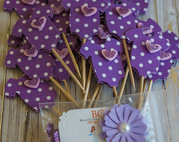 Purple Baby Shower Cupcake Toppers - Onesie Cupcake Toppers - Polka Dot Cupcake Topper - Purple Pink Baby Shower