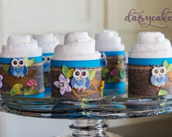 6 Owl Mini Diaper Cupcakes - Owl Mini Diaper Cakes - Owl Baby Shower - Diaper Cupcakes - It's a Boy - Baby Boy - Owl - Baby Shower Decor