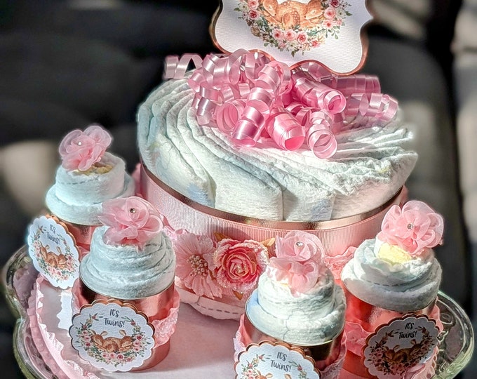 It's Twins Diaper Cake, Baby Girls Diaper Cake Centerpiece, Baby Shower Gift, Baby Deer, Fawn Baby Shower, Diaper Cake Gift for Twin Girls
