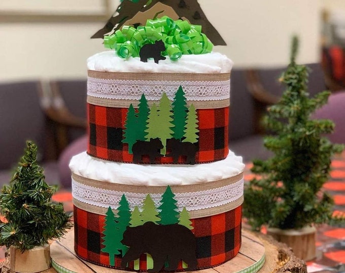 Featured listing image: Mama Bear Diaper Cake - Baby Shower Diaper Cake - Red Plaid Diaper Cake - Bear Baby Shower - Diaper Cake - Woodland - Bear Cubs