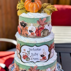 Fall Pumpkin Diaper Cake | Autumn Baby Shower Centerpiece | Rustic Harvest Welcome Baby Gift | Neutral Gender Diaper Cake