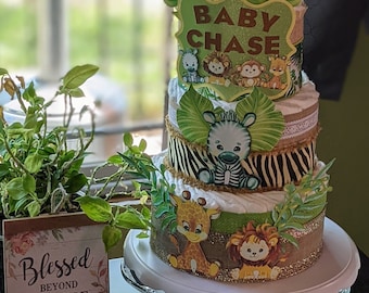 Safari Diaper Cake - Jungle Diaper Cake - Safari Baby Shower - Jungle Baby Shower - Wild Animal Safari Diaper Cake - Baby Cake