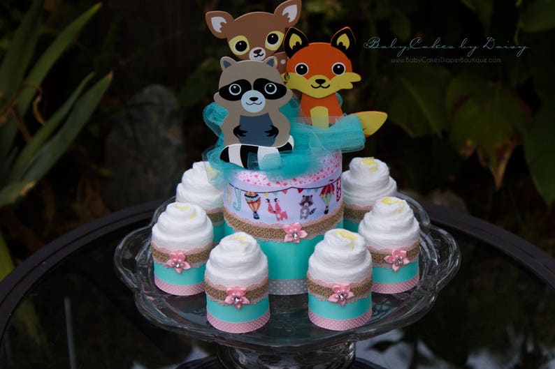 Woodland Friends Baby Shower Diaper Cake Centerpiece Baby Shower Centerpiece Teal and Pink Baby Shower Little Critters Baby Shower image 1