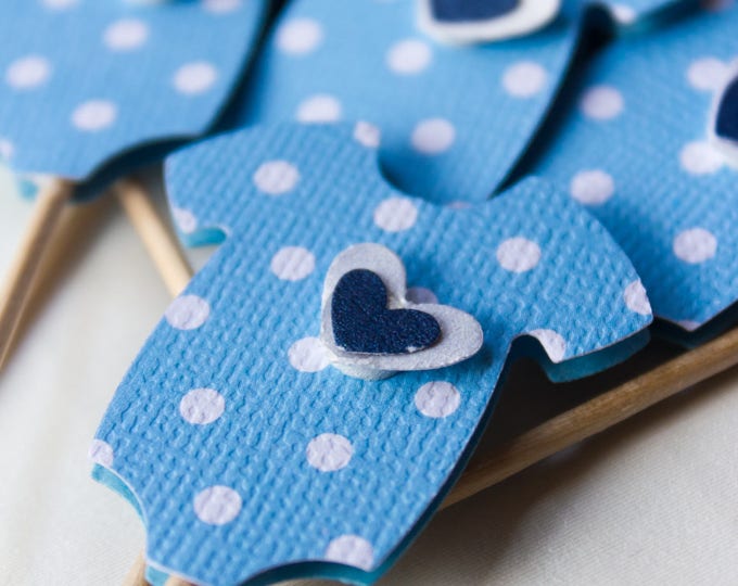 Onesie Cupcake Toppers - Baby Boy Cupcake Toppers - Baby Boy - Polka Dot Bue - Cupcake Topper - Onesies - Heart - Baby Shower Decor