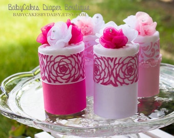 Baby Shower Decor - Cloth Diapers - Baby Shower Gift - Pink and White Baby Shower Gift - Diaper Cake Alternative