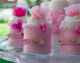 Diaper Cake Cupcakes - Pink Butterfly Diaper Cake - Mini Diaper Cupcake - Pink Baby Shower - Baby Shower Favors - It's a Girl - Baby Shower
